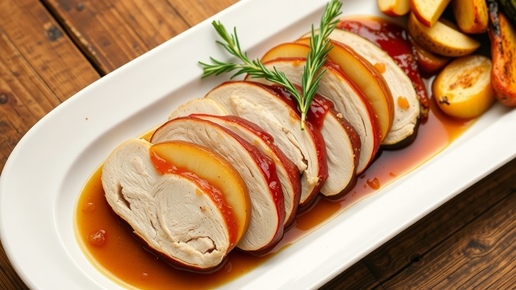 Savory Pork Loin with Apples Recipe Plated pork loin with apples and onions, garnished with rosemary on a rustic table.